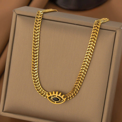 Gold Plated Stainless Steel Anti Tarnish Evil Eye themed Black CZ Necklace For Women