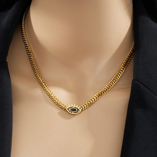 Gold Plated Stainless Steel Anti Tarnish Evil Eye themed Black CZ Necklace For Women